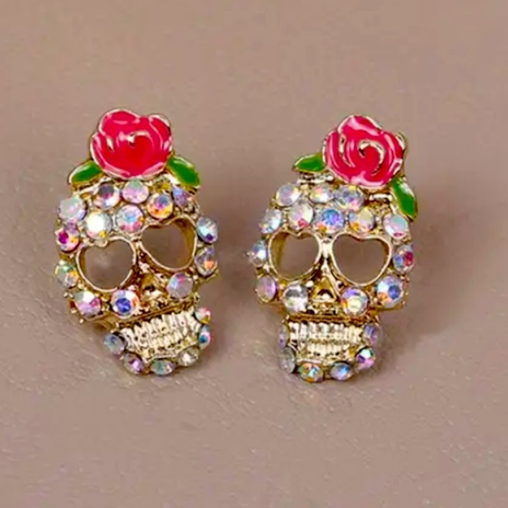 Gold Skull Earrings with Pink Rose Accents